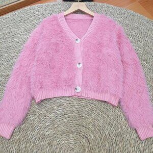 🌸 Pink Fluffy Fuzzy Crop Cardigan Cute Soft Knit Button Up 💕